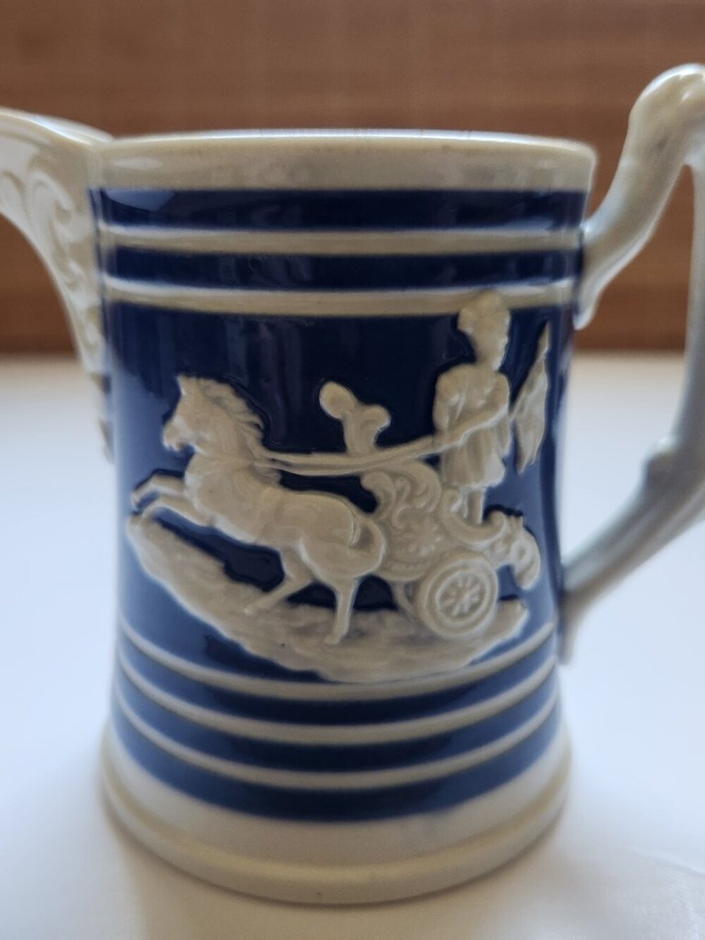 Blue Classical Relief Ceramic Pitcher • Neoclassical Chariot Scene • 4” Jug